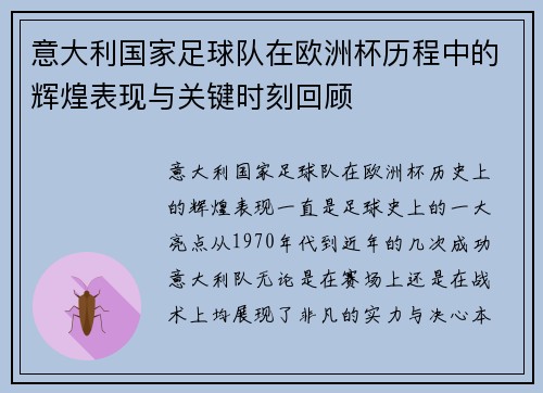 意大利国家足球队在欧洲杯历程中的辉煌表现与关键时刻回顾